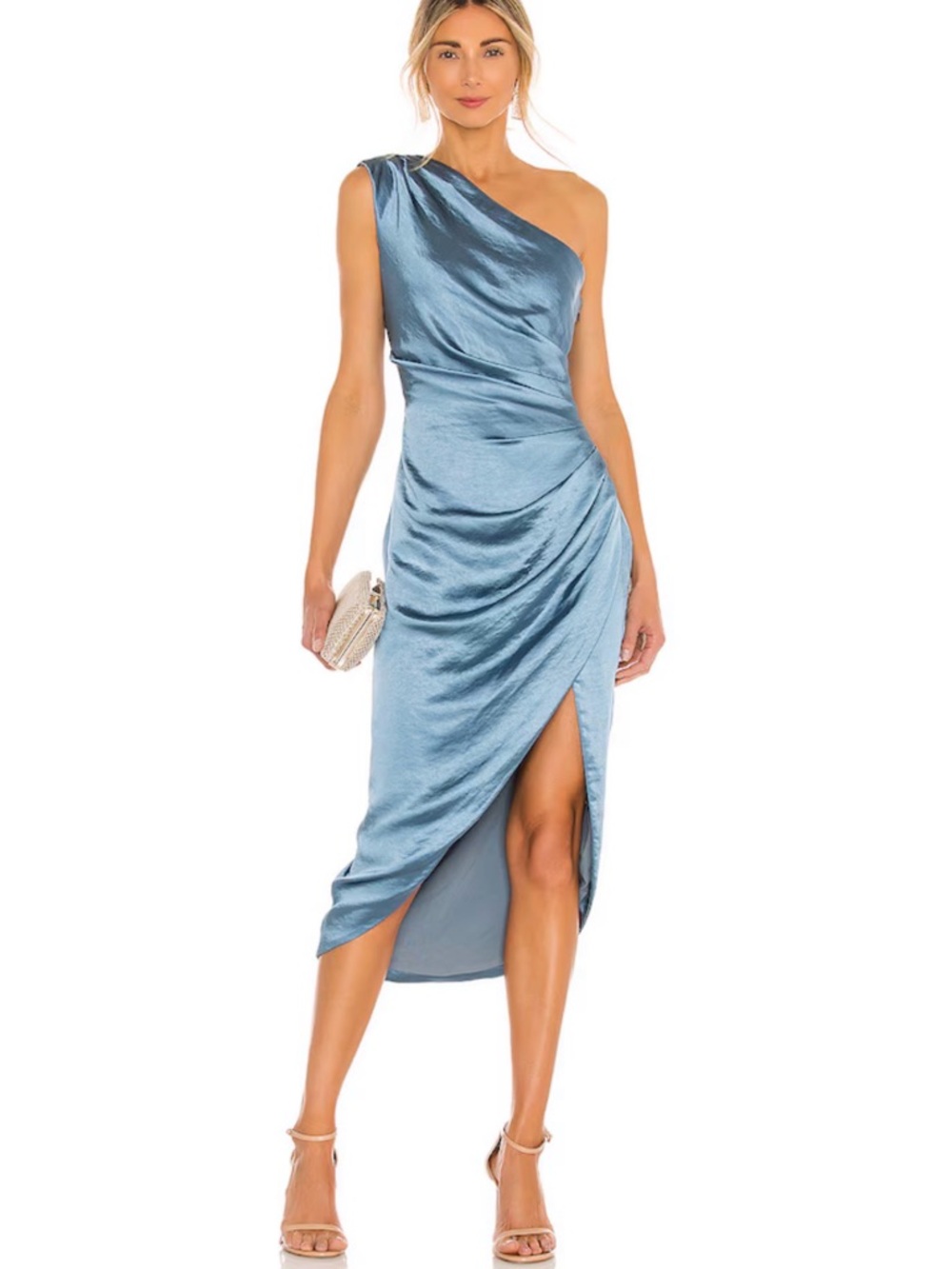 Elliatt One-Shoulder Satin Midi Dress in Light Blue from Revolve